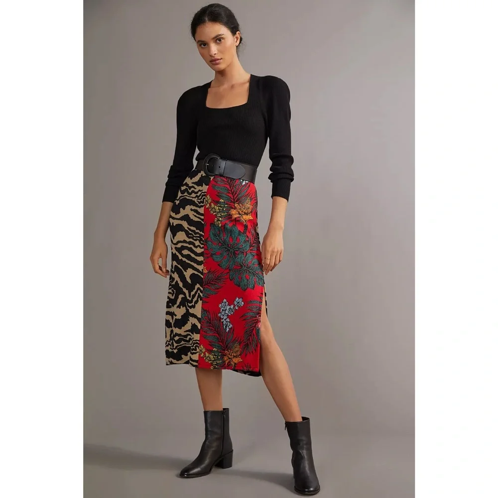 Anthropologie | Red and Black Contrast Sweater Safari Patterned Midi Skirt ~ XL - Picture 5 of 11